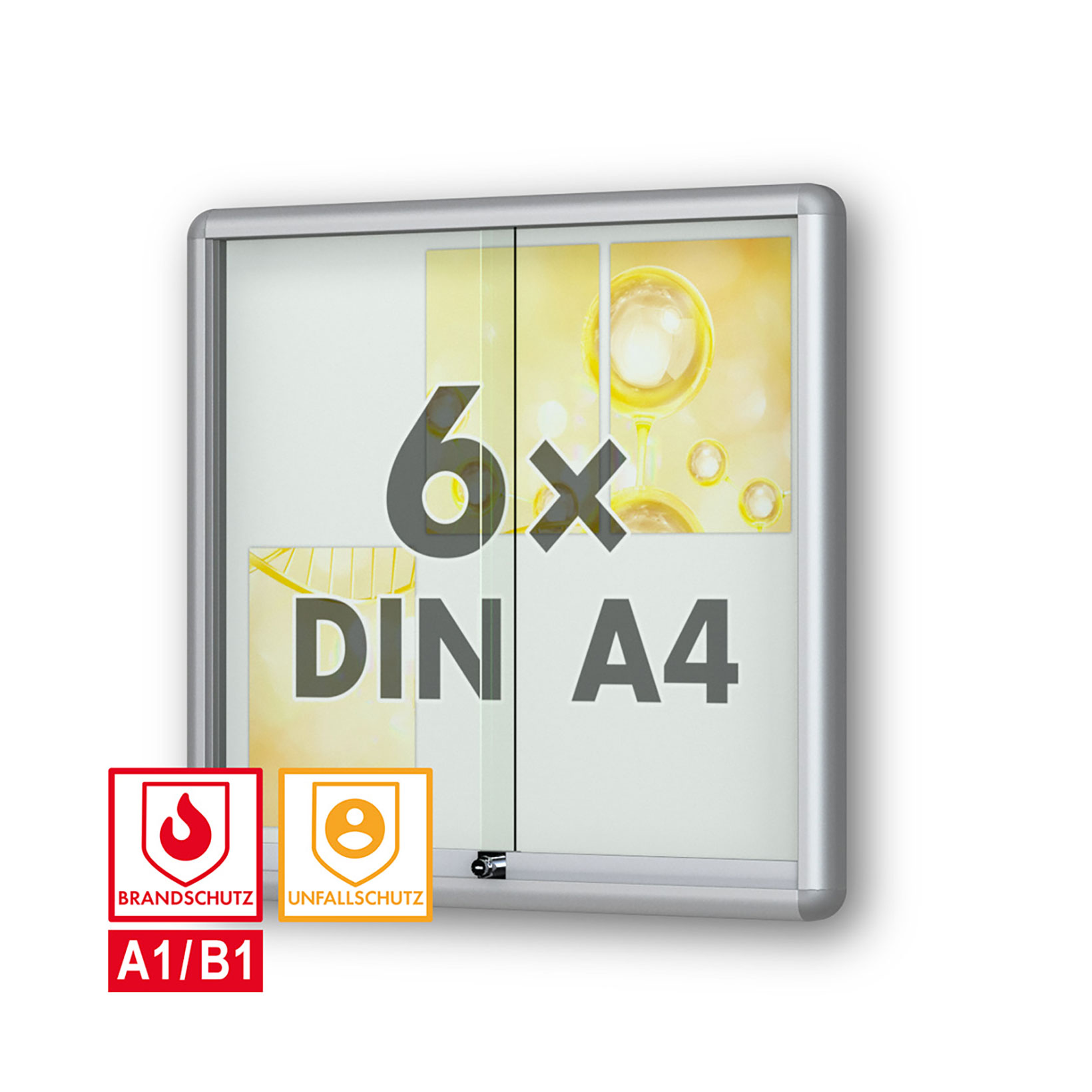 6 x DIN A4 Schaukasten Moveo - "die Schulvitrine" - mit Brandschutzklasse A1 - Rollengelagerte Schiebetüren✓ abschließbar✓ ESG-Sicherheitsglas✓