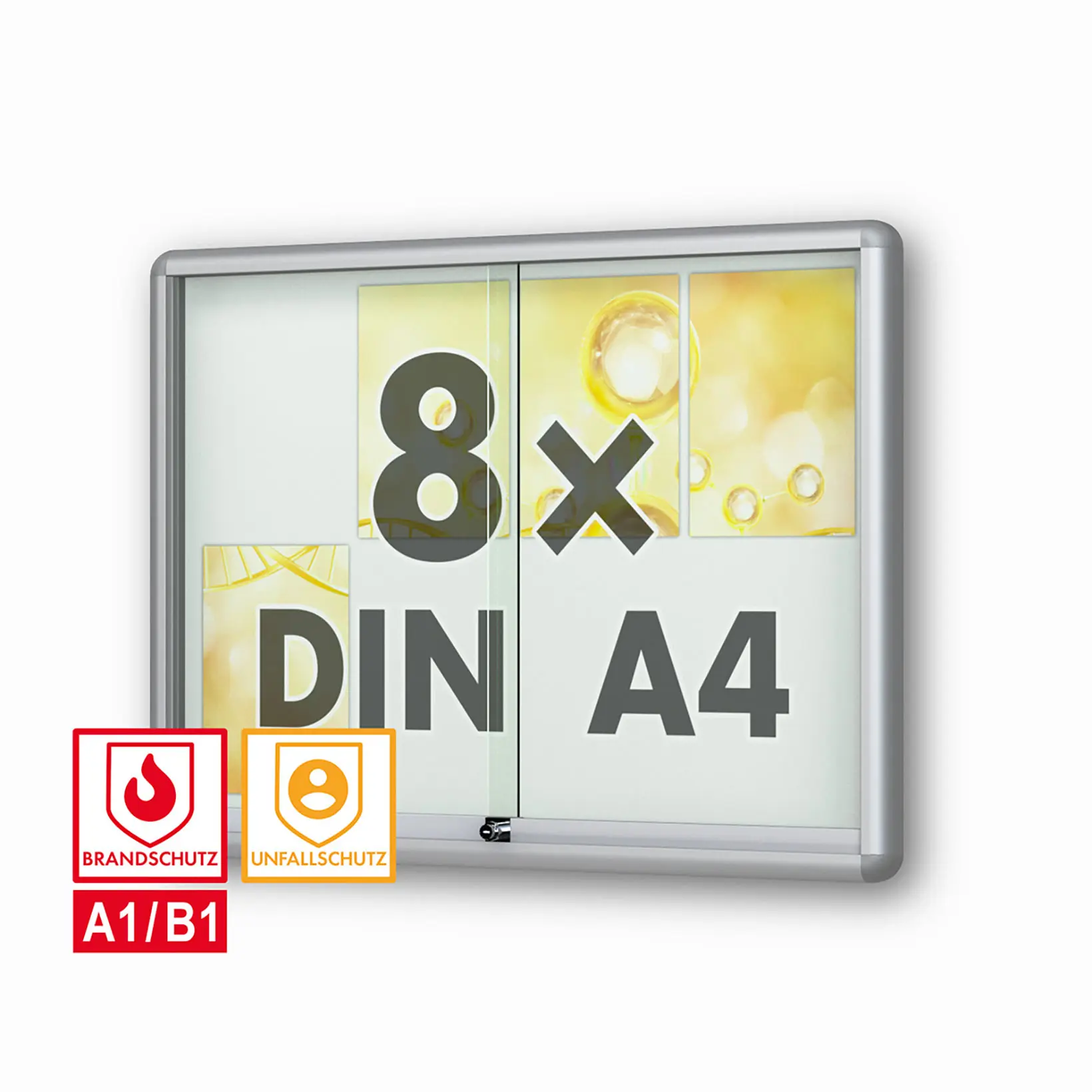 8 x DIN A4 Schaukasten Moveo - "die Schulvitrine" - 50 mm Bautiefe - mit Brandschutzklasse A1 - Rollengelagerte Schiebetüren✓ abschließbar✓ ESG-Sicherheitsglas✓
