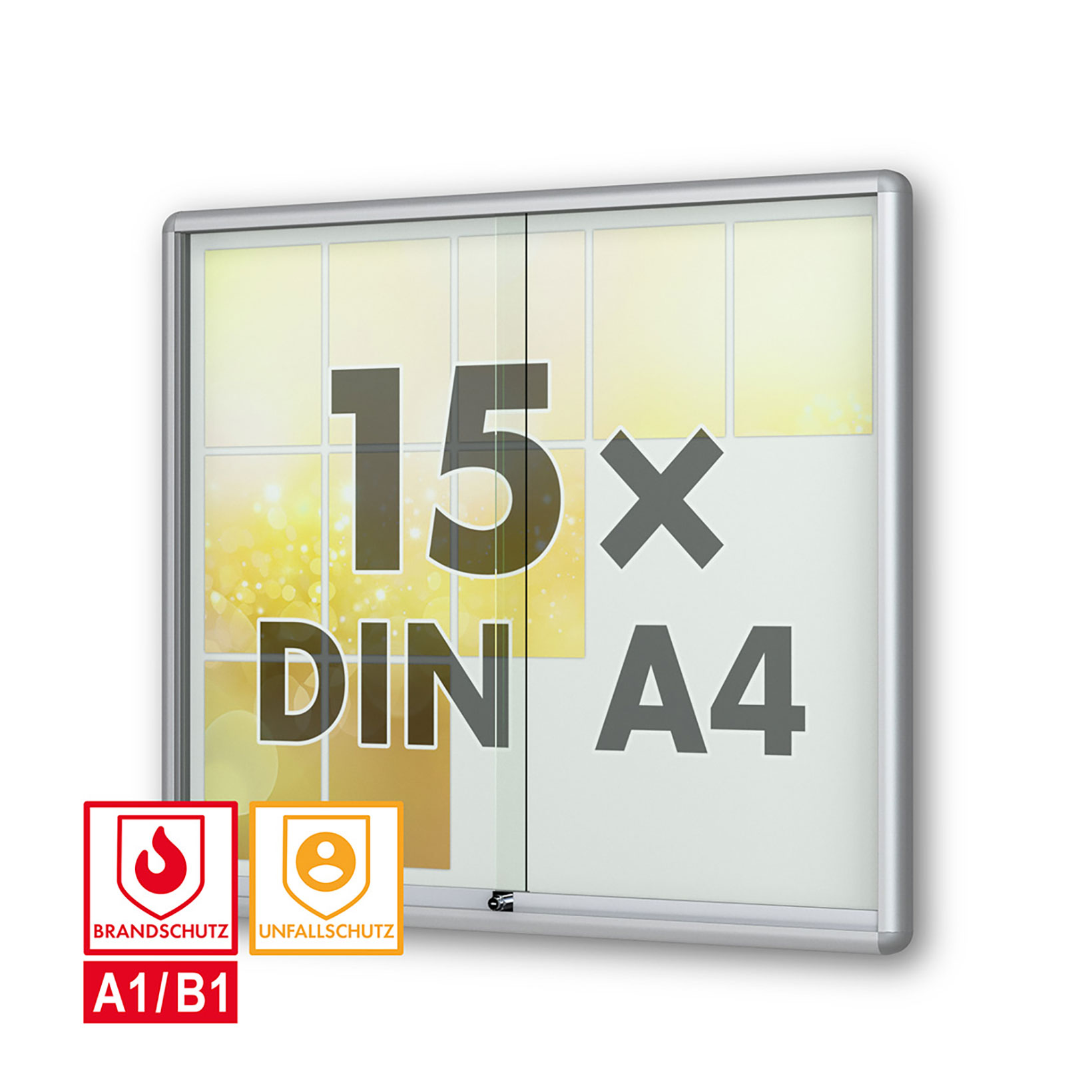 15 x DIN A4 Schaukasten Moveo - "die Schulvitrine" - mit Brandschutzklasse A1 - Rollengelagerte Schiebetüren✓ abschließbar✓ ESG-Sicherheitsglas✓