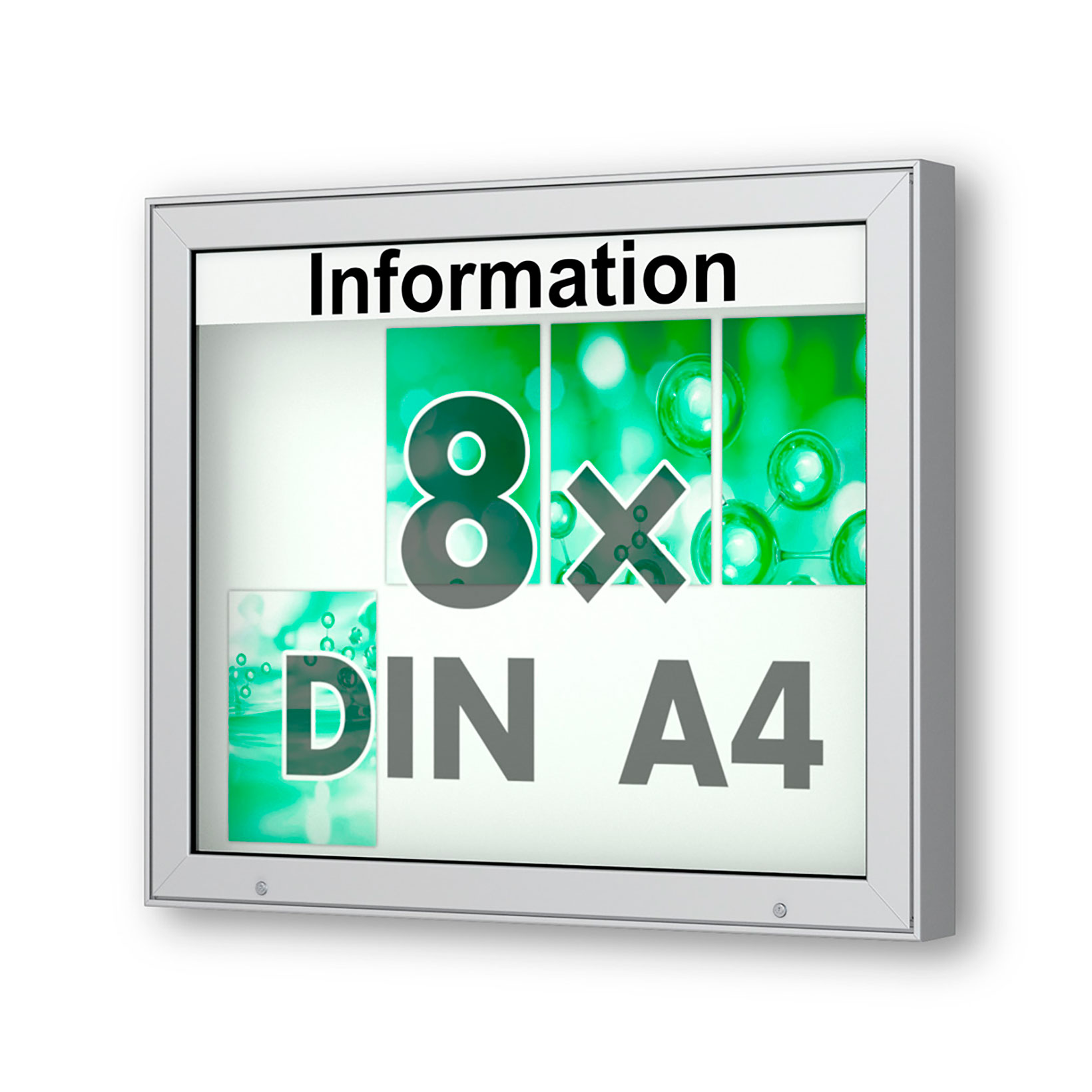 8 x DIN A4 Schaukasten Plenum eckig - der "Klassiker" - 100mm Bautiefe - Wandschaukasten mit optionaler LED-Beleuchtung