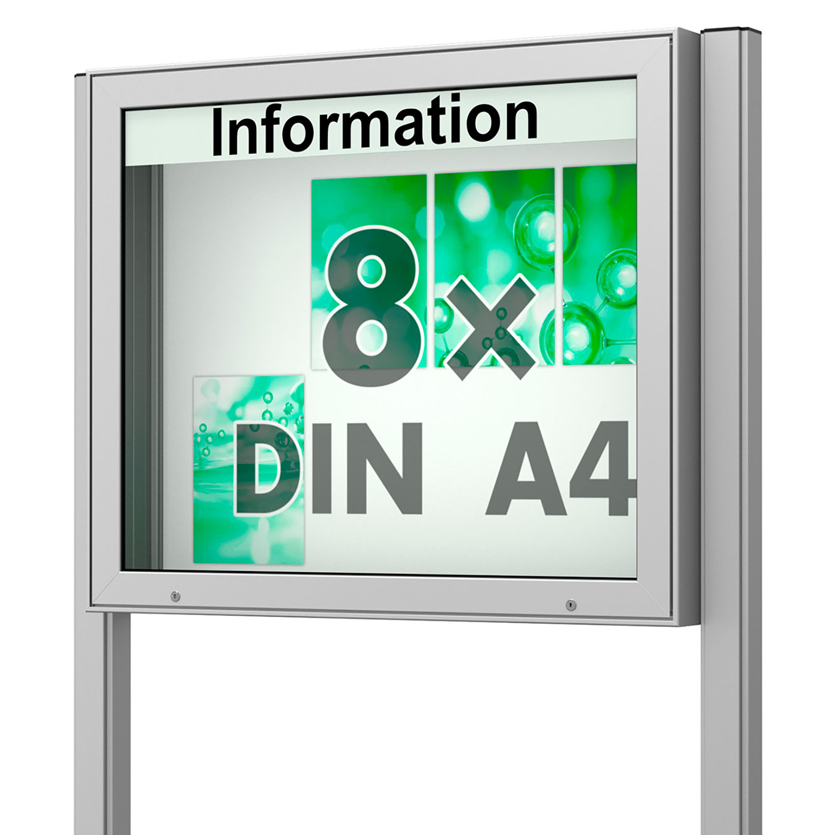 8 x DIN A4 Schaukasten Plenum eckig - der "Klassiker" - 210mm Bautiefe - mit Standbeinen und optionaler LED-Beleuchtung
